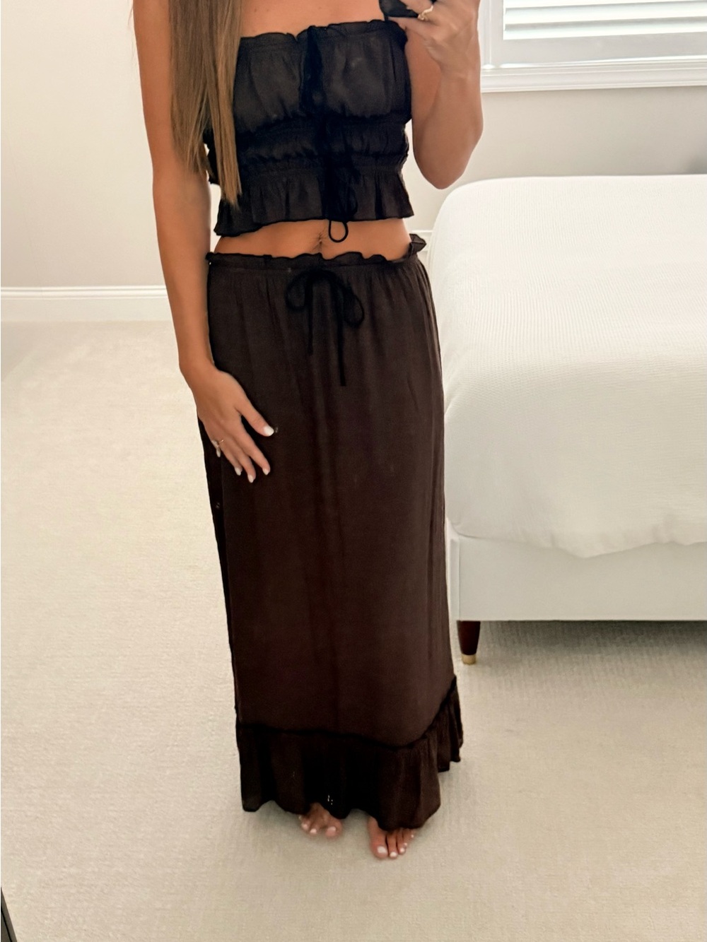 Women’s Boho Brown Maxi Skirt Set — Drawstring Ruffle Waist